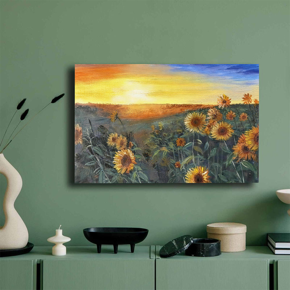 Sunflowers at the Edge of Evening canvas wall art, styled room mockup 1.