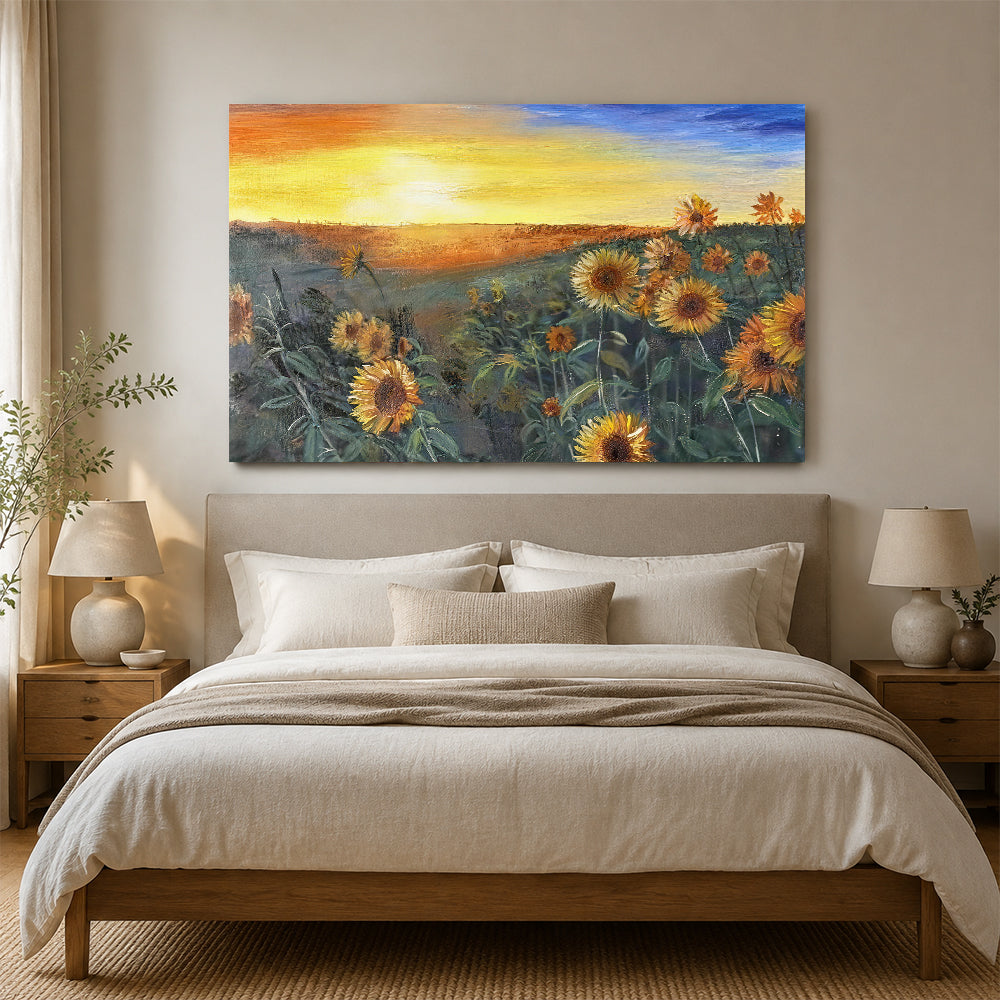 Sunflowers at the Edge of Evening canvas wall art, styled room mockup 2.