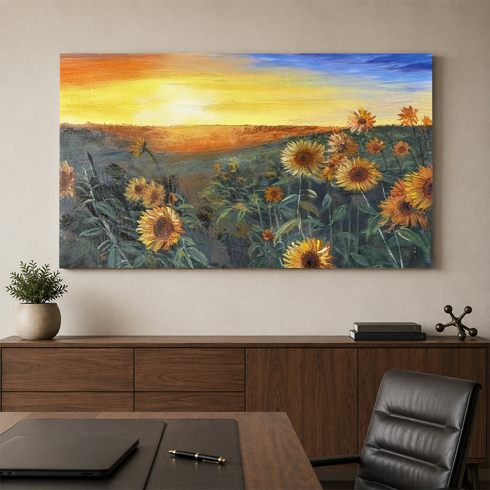 Sunflowers at the Edge of Evening canvas wall art, styled room mockup 3.