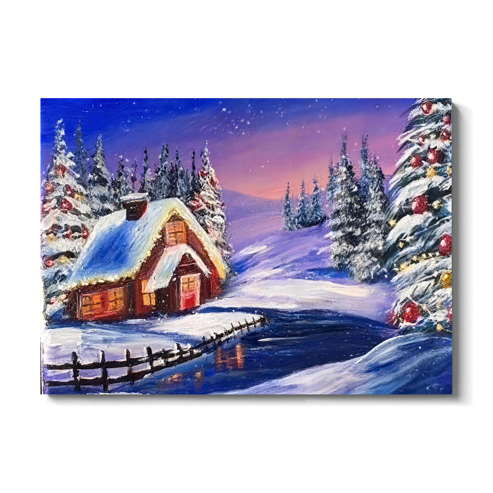 Snowy Cabin in Violet Twilight canvas wall art, front product mockup on a light background.