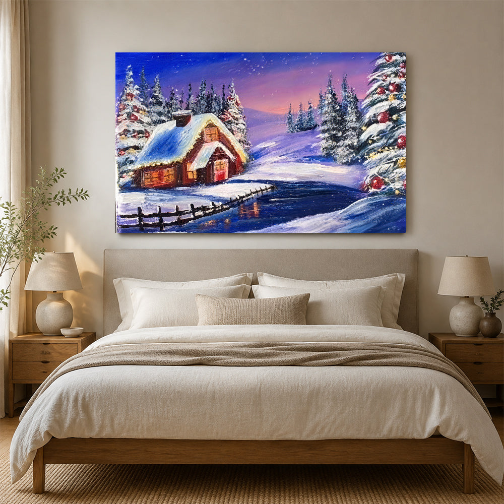 Snowy Cabin in Violet Twilight canvas wall art, styled room mockup 1.