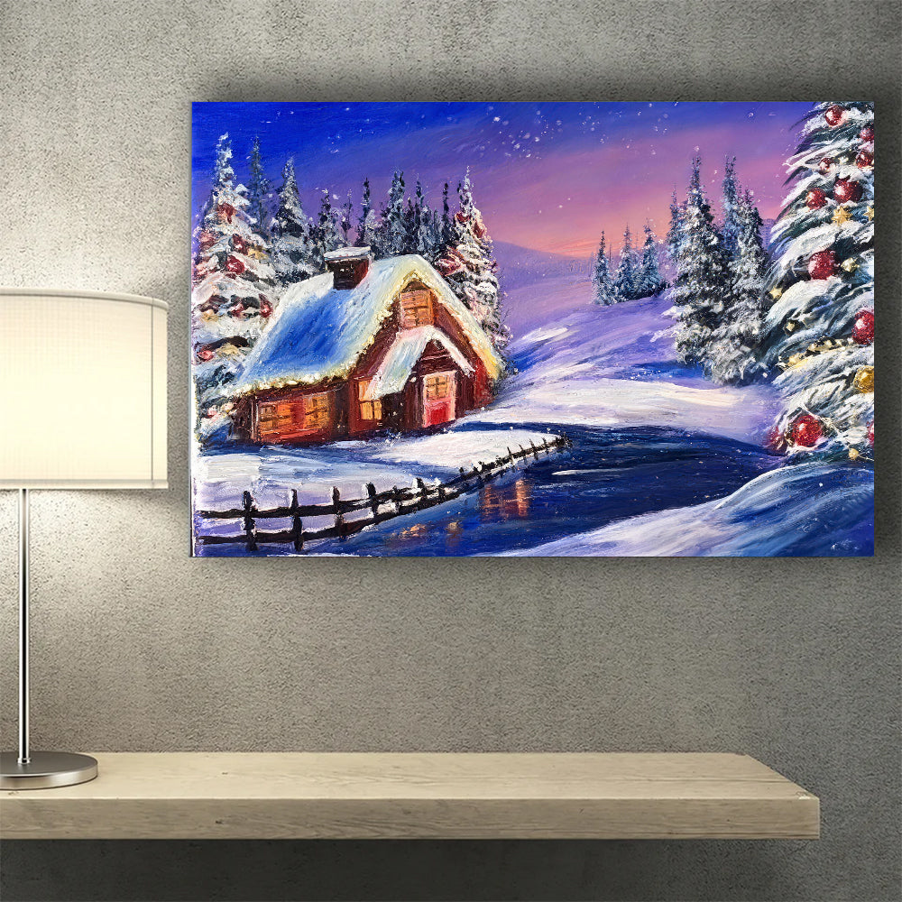 Snowy Cabin in Violet Twilight canvas wall art, styled room mockup 2.