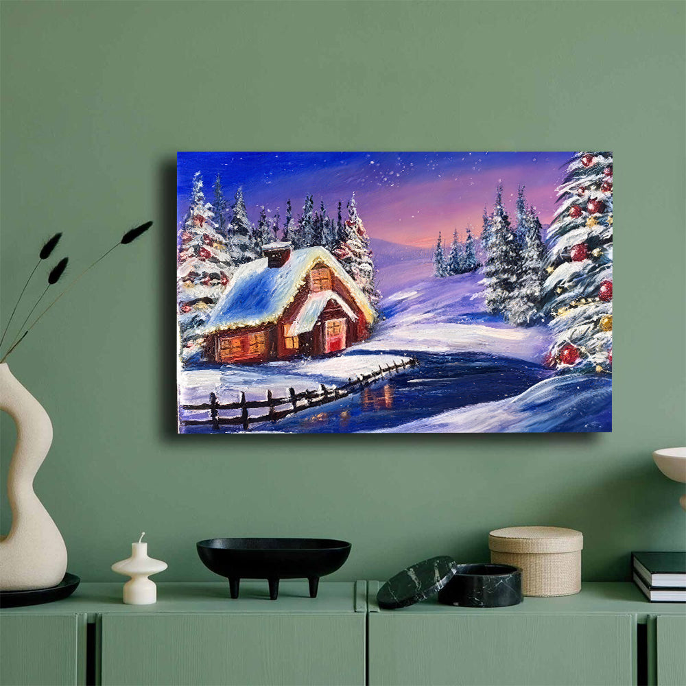 Snowy Cabin in Violet Twilight canvas wall art, styled room mockup 3.