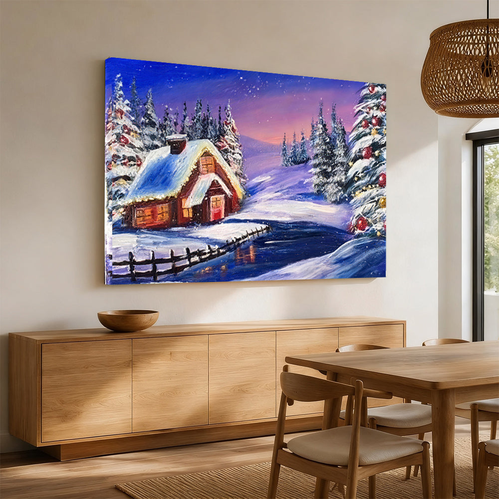 Snowy Cabin in Violet Twilight canvas wall art, styled room mockup 4.