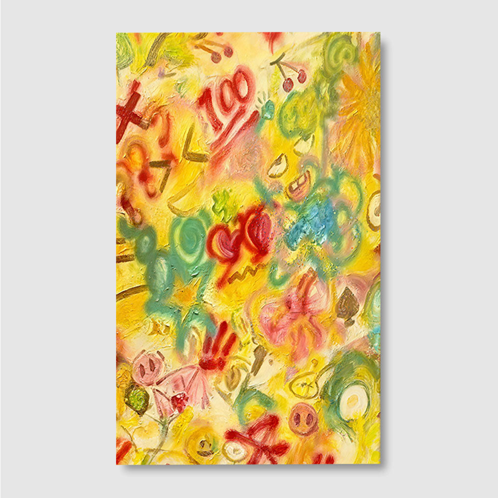 Yellow Doodle Celebration canvas wall art, front product mockup on a light background.