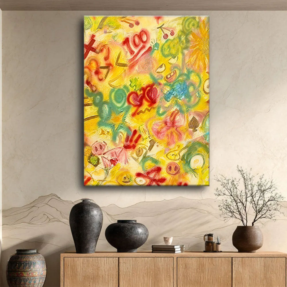 Yellow Doodle Celebration canvas wall art, styled room mockup 2.