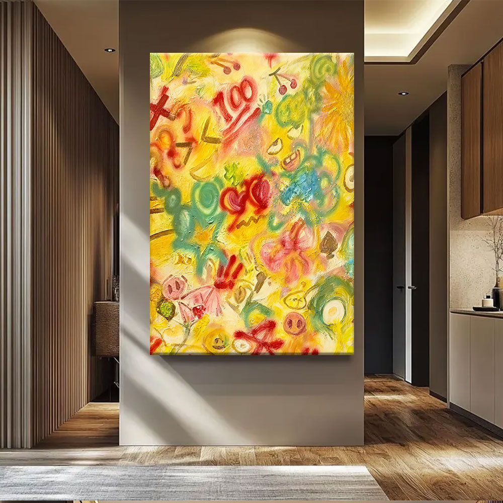 Yellow Doodle Celebration canvas wall art, styled room mockup 3.