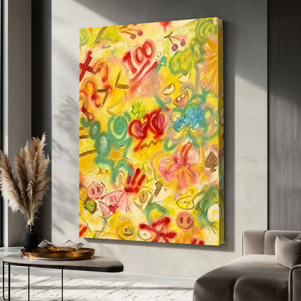 Yellow Doodle Celebration canvas wall art, styled room mockup 4.