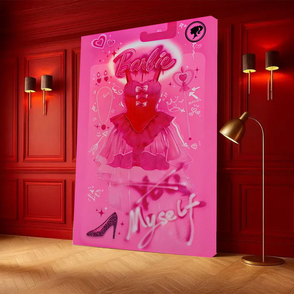 Pink Fashion Collage canvas wall art, styled room mockup 1.
