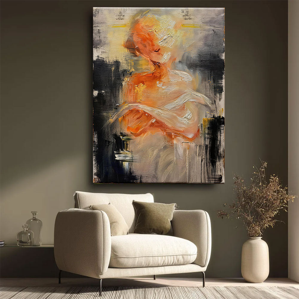 Amber and Cream Figure Study canvas wall art, styled room mockup 1.