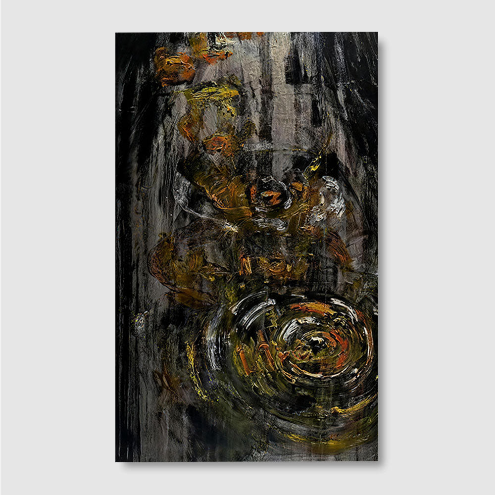 Dark Gold Circular Textures canvas wall art, front product mockup on a light background.