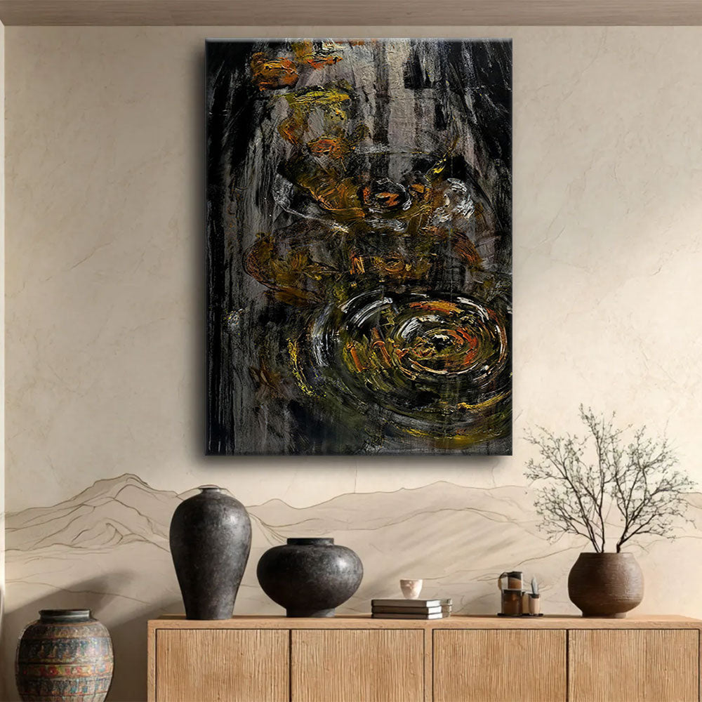 Dark Gold Circular Textures canvas wall art, styled room mockup 1.