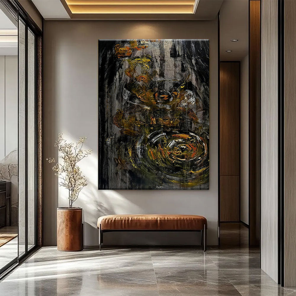 Dark Gold Circular Textures canvas wall art, styled room mockup 2.