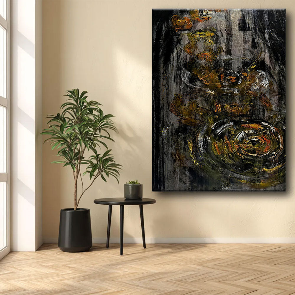 Dark Gold Circular Textures canvas wall art, styled room mockup 3.