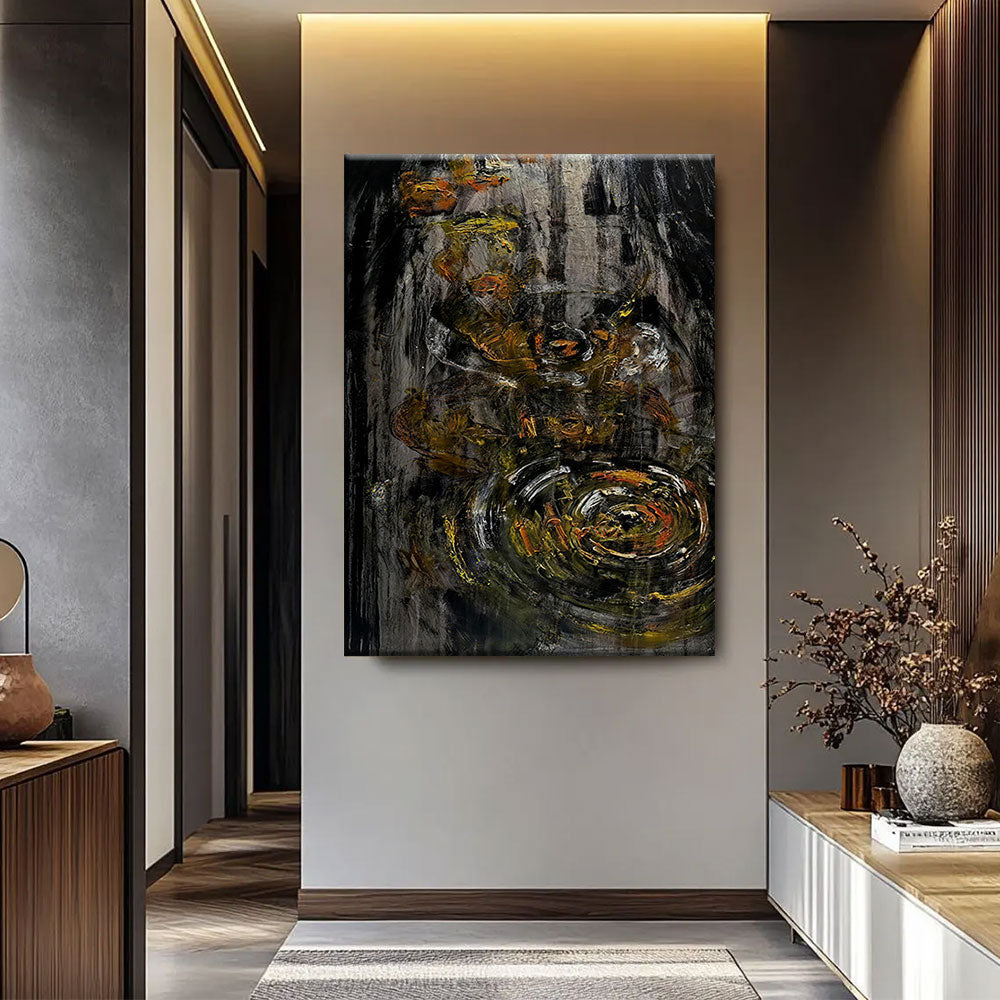 Dark Gold Circular Textures canvas wall art, styled room mockup 4.
