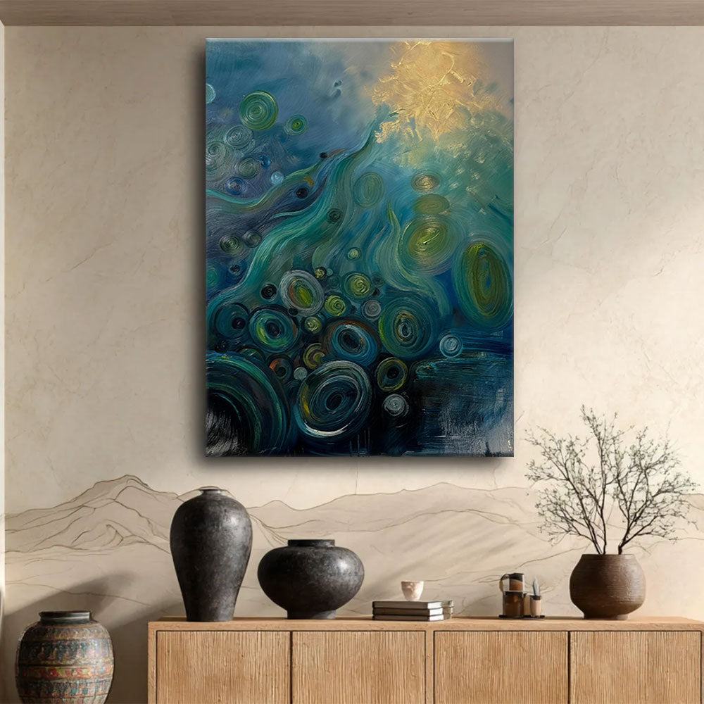Teal Currents and Golden Light canvas wall art, styled room mockup 2.