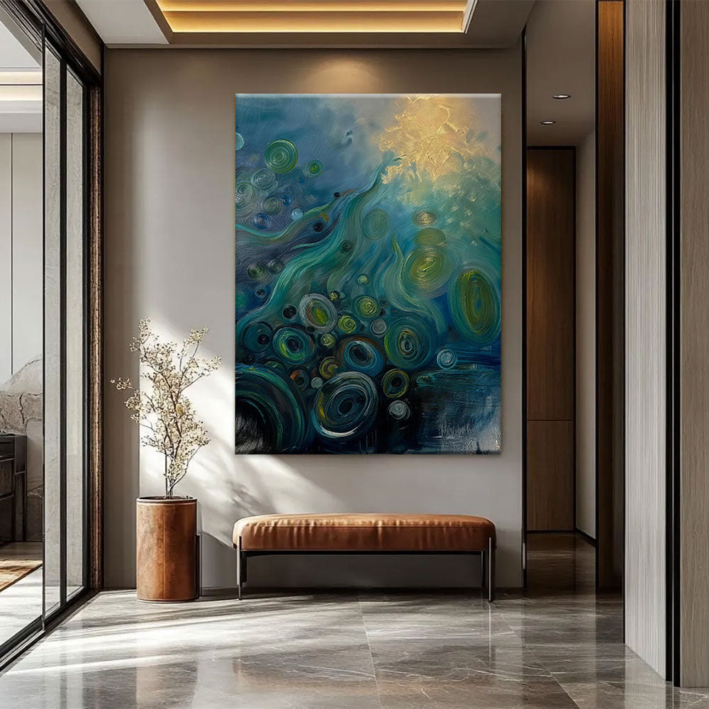 Teal Currents and Golden Light canvas wall art, styled room mockup 3.