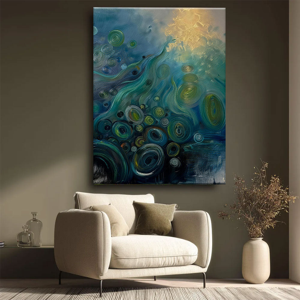 Teal Currents and Golden Light canvas wall art, styled room mockup 4.