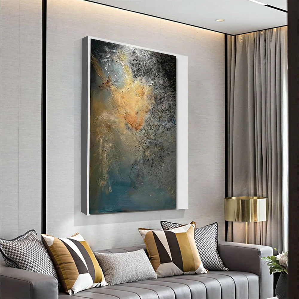 Weathered Gold on Blue canvas wall art, styled room mockup 1.