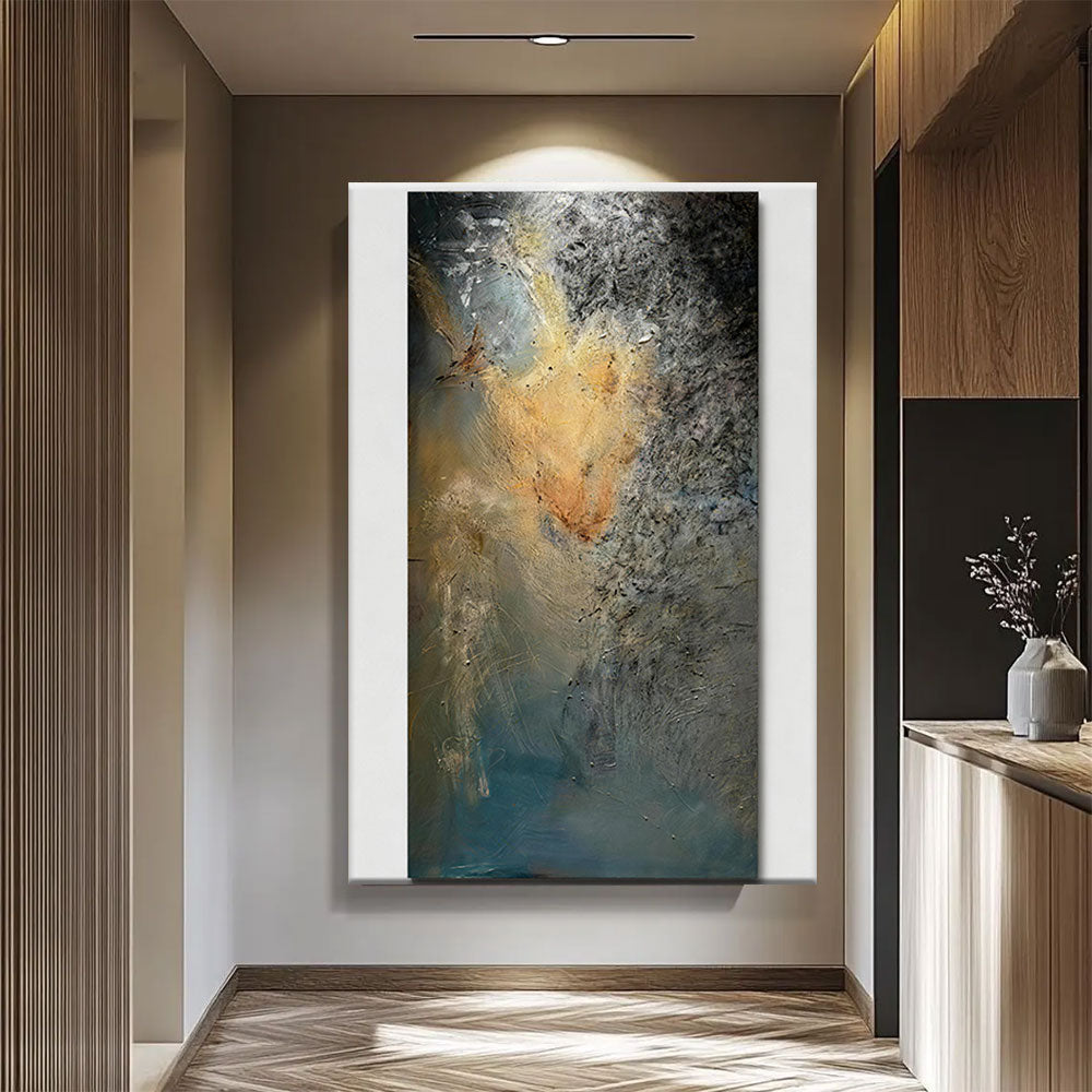 Weathered Gold on Blue canvas wall art, styled room mockup 2.