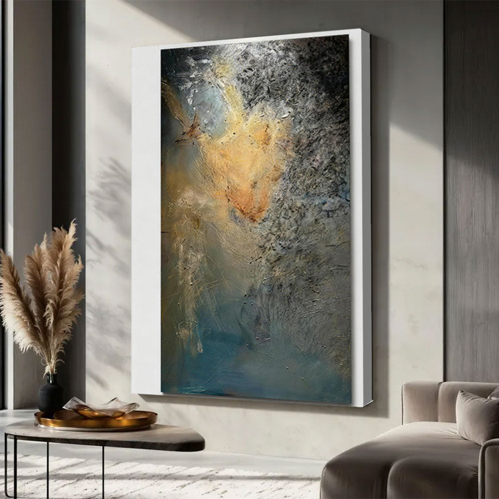 Weathered Gold on Blue canvas wall art, styled room mockup 3.