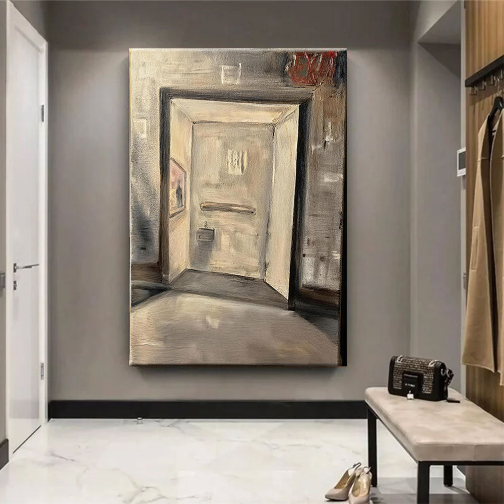 Doorway in Soft Neutral Light canvas wall art, styled room mockup 1.