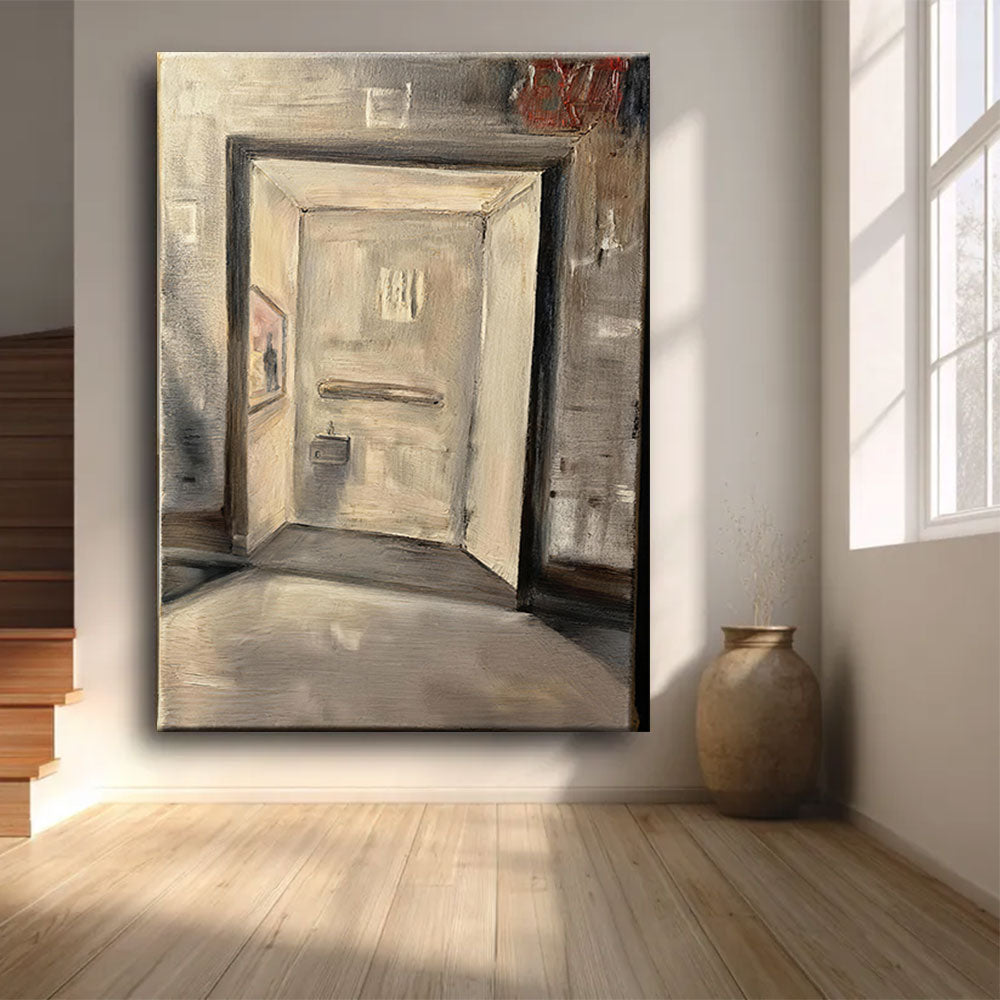 Doorway in Soft Neutral Light canvas wall art, styled room mockup 2.