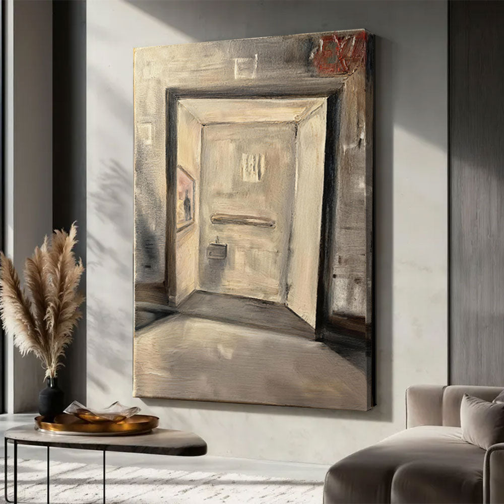 Doorway in Soft Neutral Light canvas wall art, styled room mockup 3.