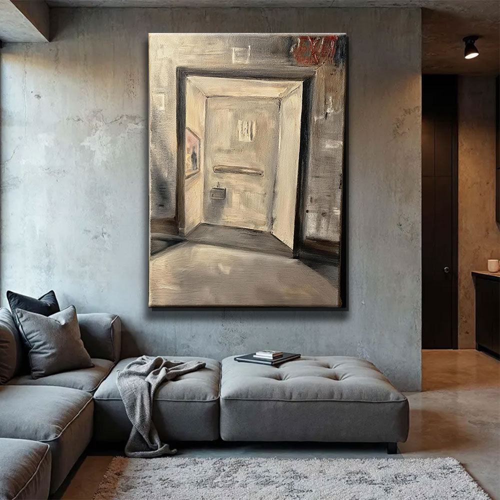 Doorway in Soft Neutral Light canvas wall art, styled room mockup 4.
