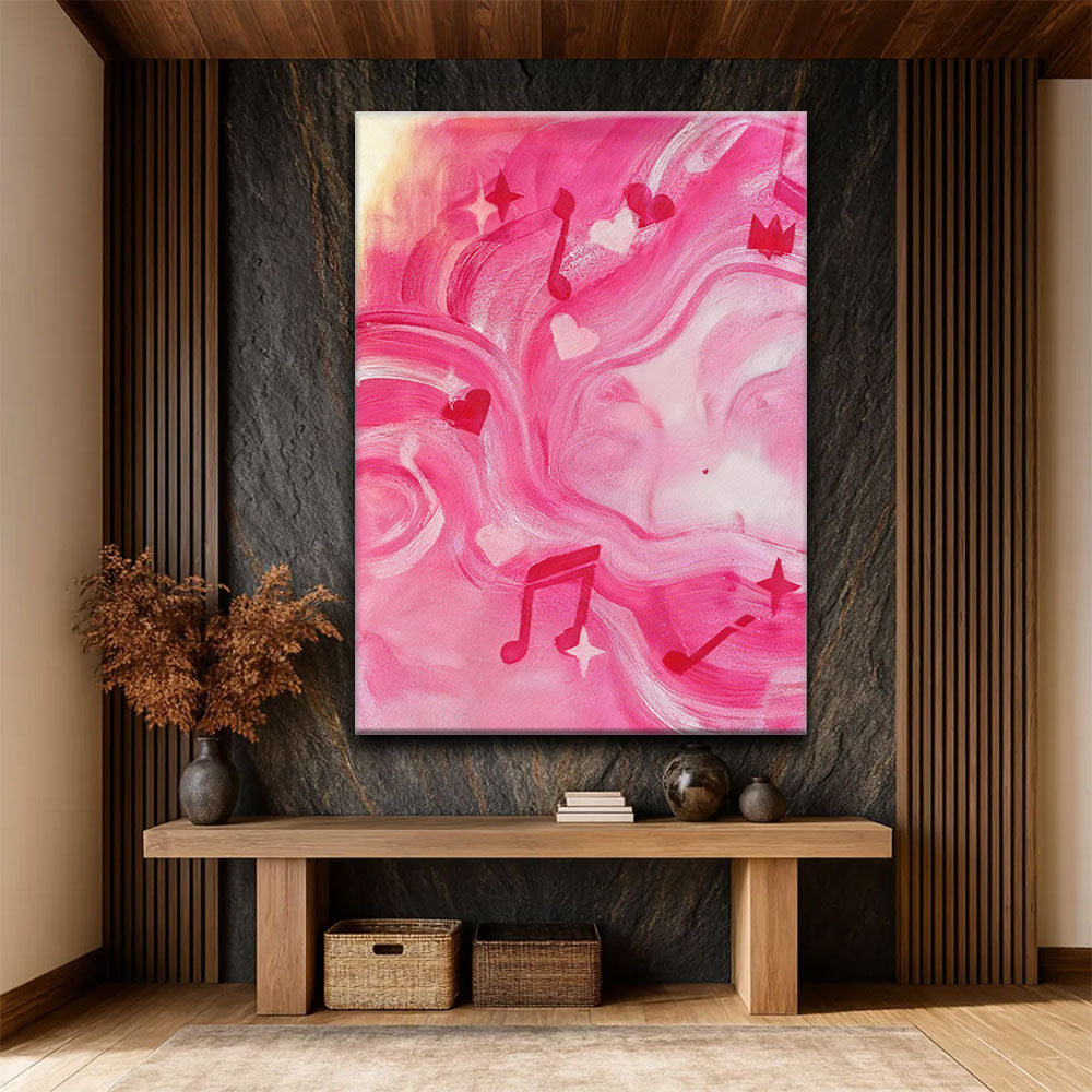 Pink Ribbons and Musical Notes canvas wall art, styled room mockup 2.