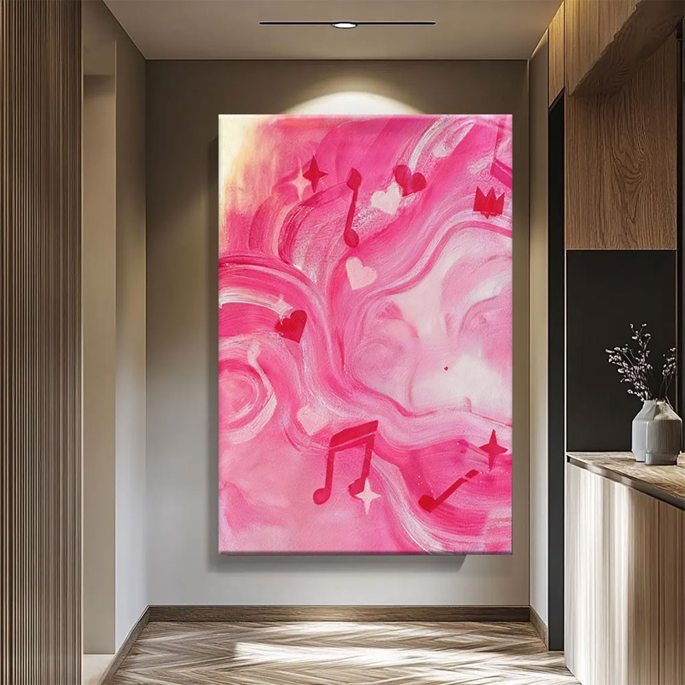 Pink Ribbons and Musical Notes canvas wall art, styled room mockup 3.