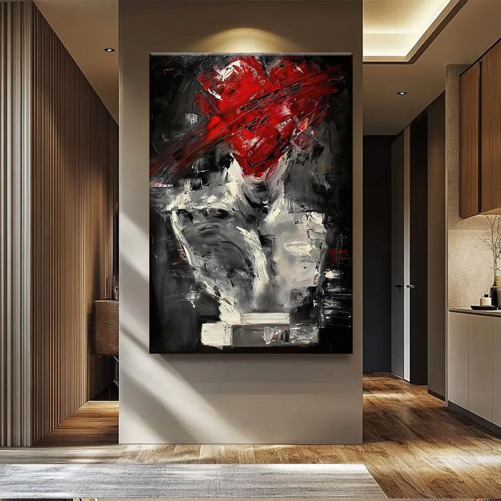 Scarlet Gesture on Charcoal canvas wall art, styled room mockup 2.