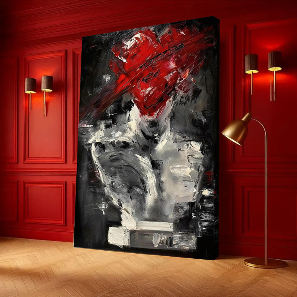 Scarlet Gesture on Charcoal canvas wall art, styled room mockup 3.