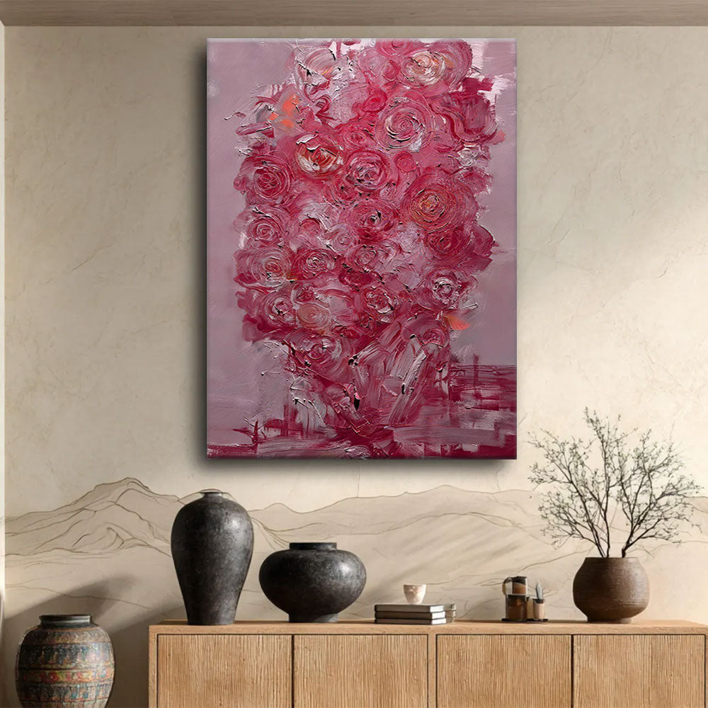 Pink Rose Cascade canvas wall art, styled room mockup 1.