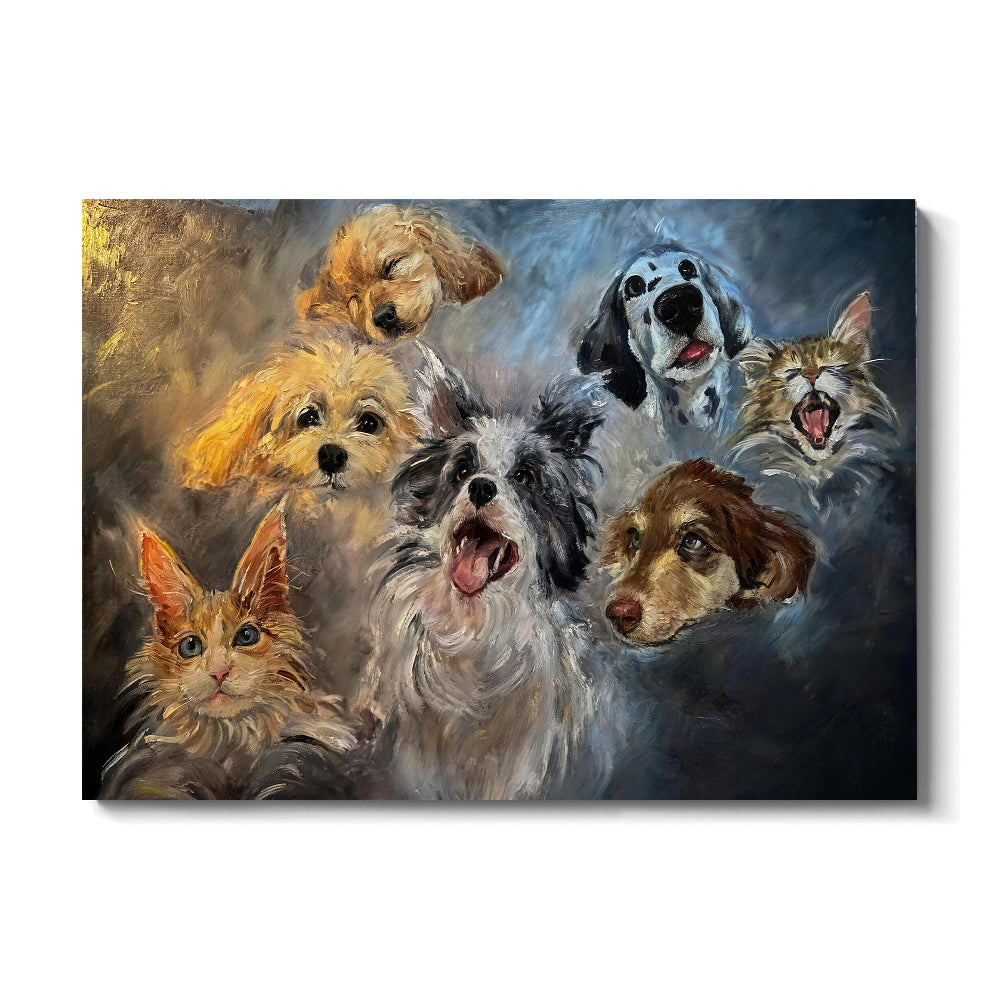 A Gathering of Cats and Dogs canvas wall art, front product mockup on a light background.