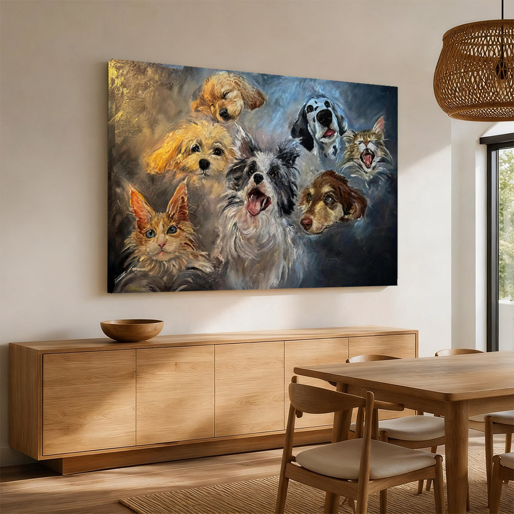 A Gathering of Cats and Dogs canvas wall art, styled room mockup 1.