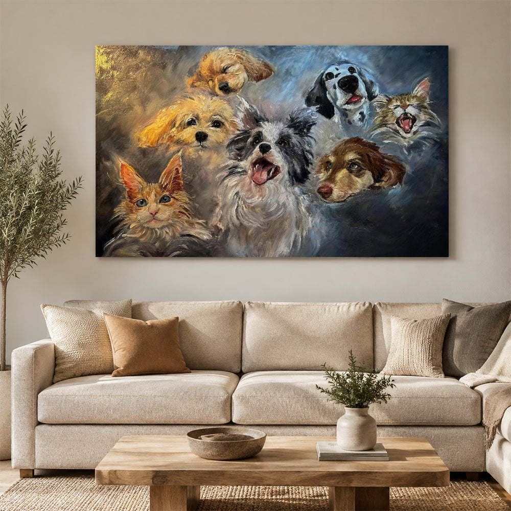 A Gathering of Cats and Dogs canvas wall art, styled room mockup 2.