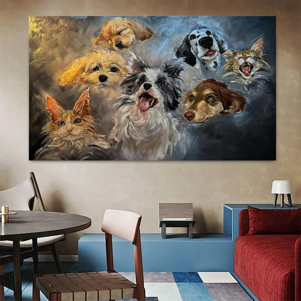 A Gathering of Cats and Dogs canvas wall art, styled room mockup 3.