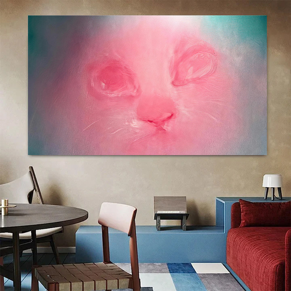 Rose Glow Cat Portrait canvas wall art, styled room mockup 1.