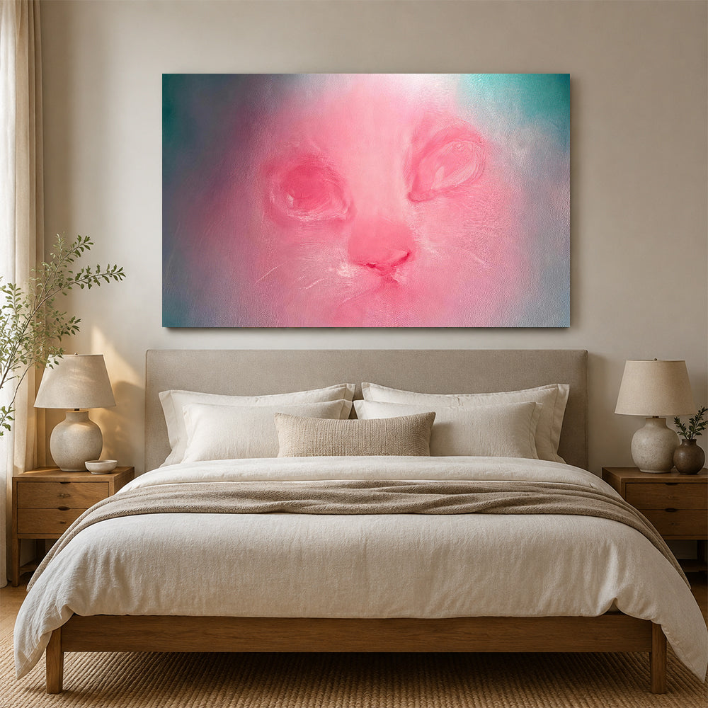 Rose Glow Cat Portrait canvas wall art, styled room mockup 2.