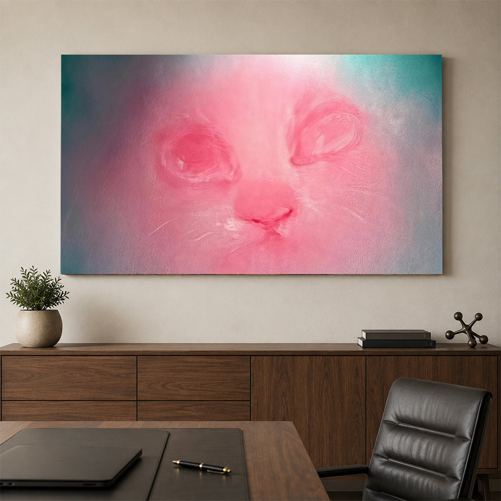 Rose Glow Cat Portrait canvas wall art, styled room mockup 4.