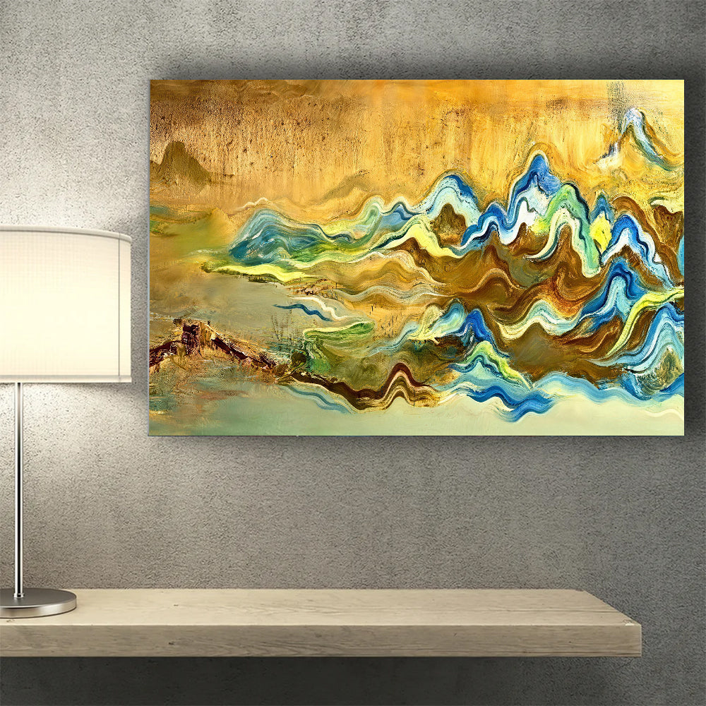 Ochre and Blue Flowing Forms canvas wall art, styled room mockup 2.