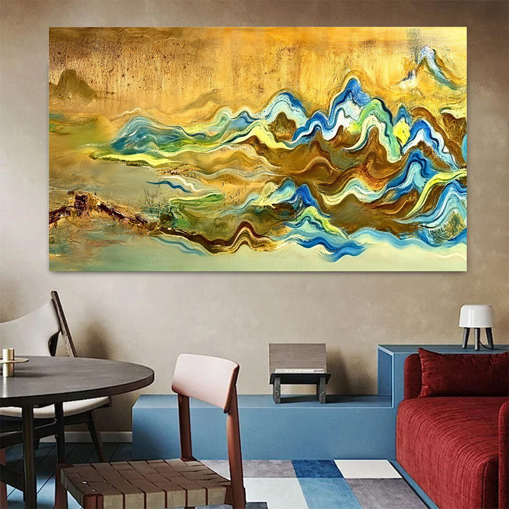 Ochre and Blue Flowing Forms canvas wall art, styled room mockup 3.