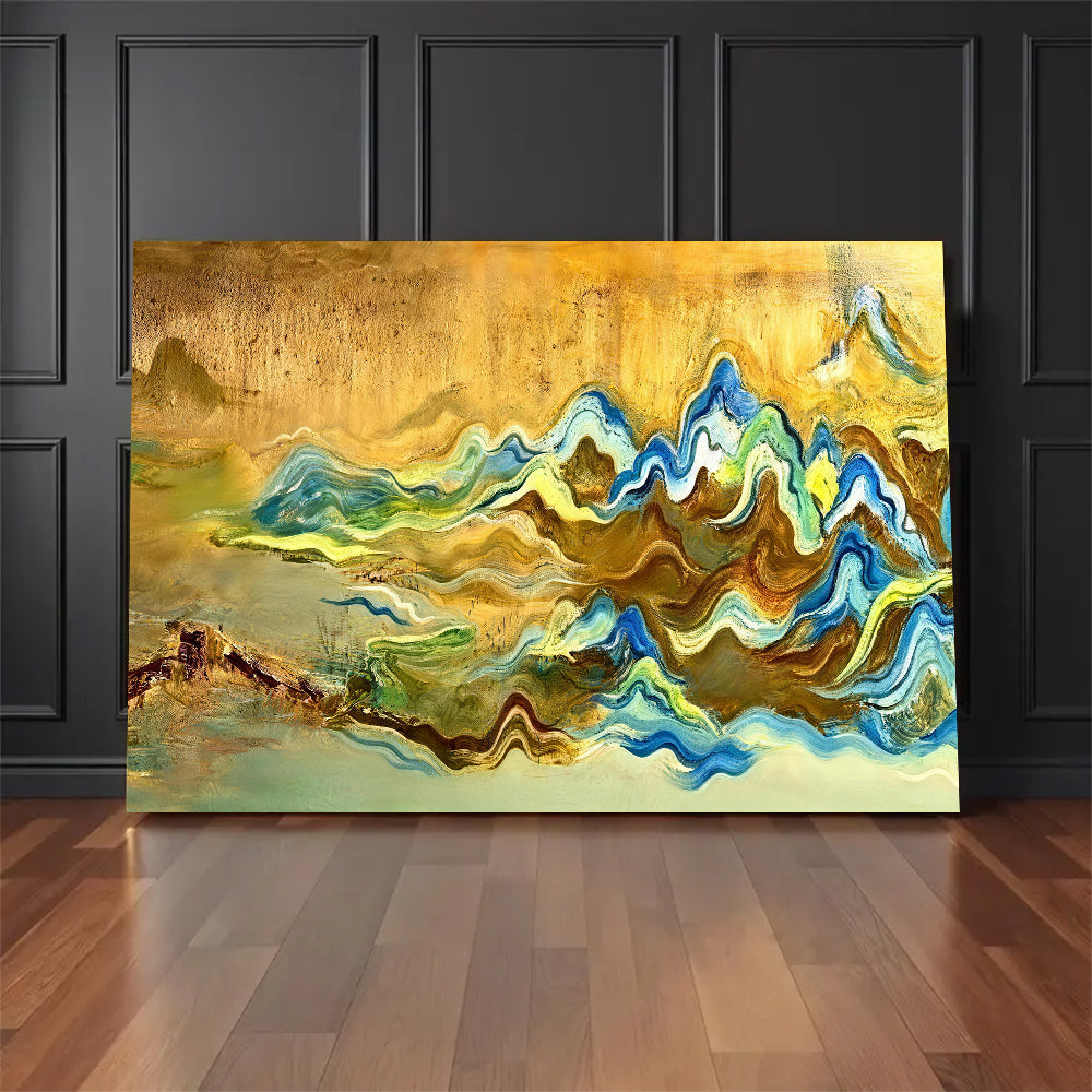 Ochre and Blue Flowing Forms canvas wall art, styled room mockup 4.