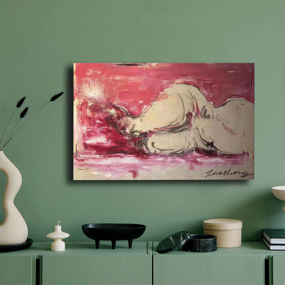 Resting Animal on Rose Ground canvas wall art, styled room mockup 1.