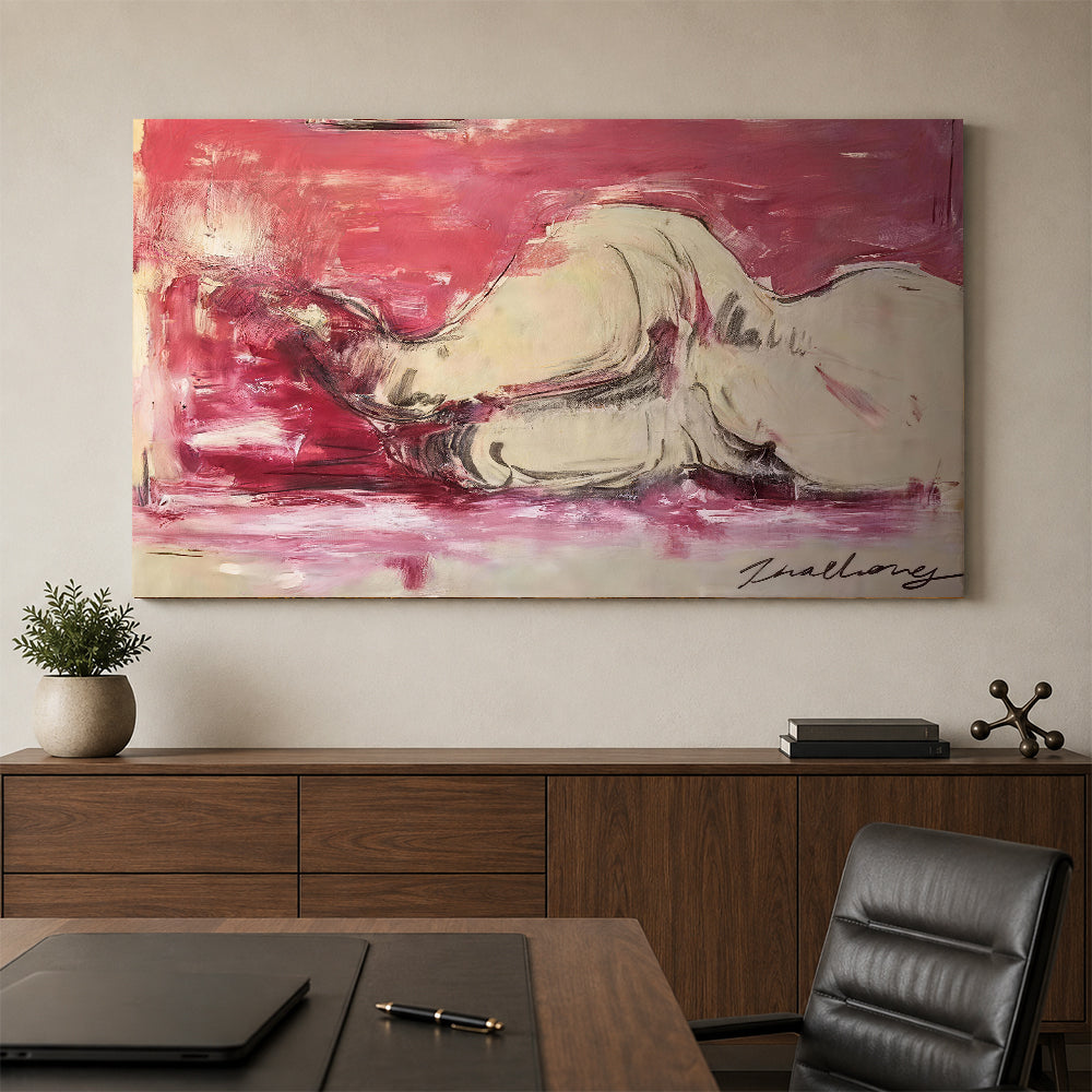 Resting Animal on Rose Ground canvas wall art, styled room mockup 2.