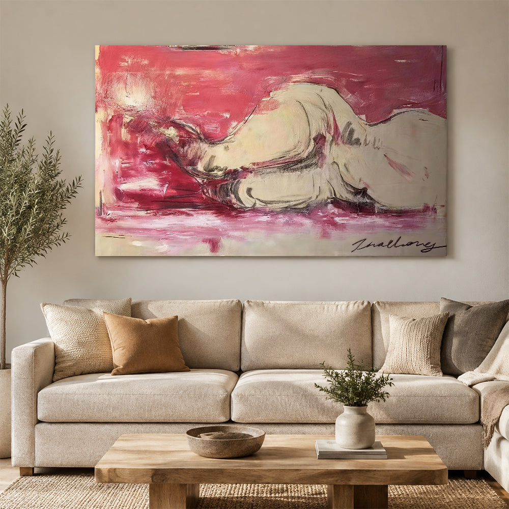 Resting Animal on Rose Ground canvas wall art, styled room mockup 3.