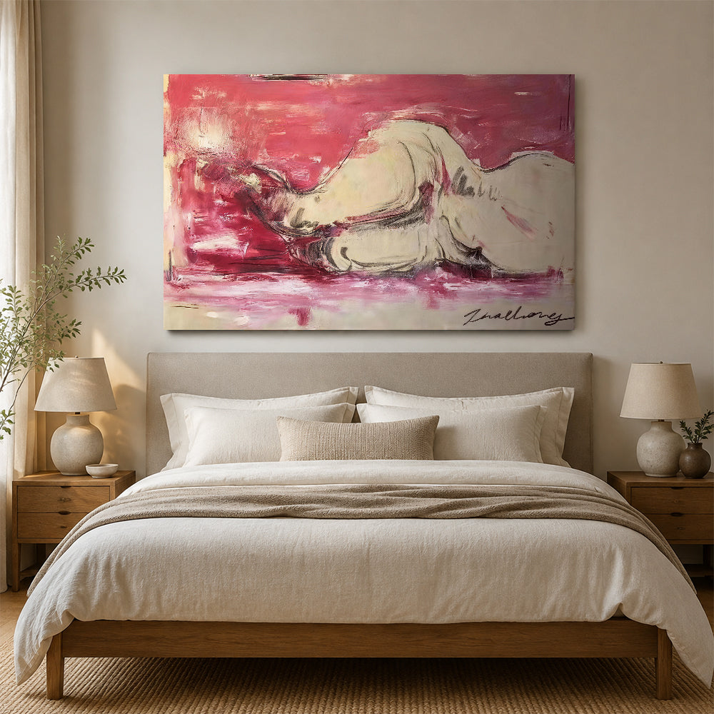 Resting Animal on Rose Ground canvas wall art, styled room mockup 4.