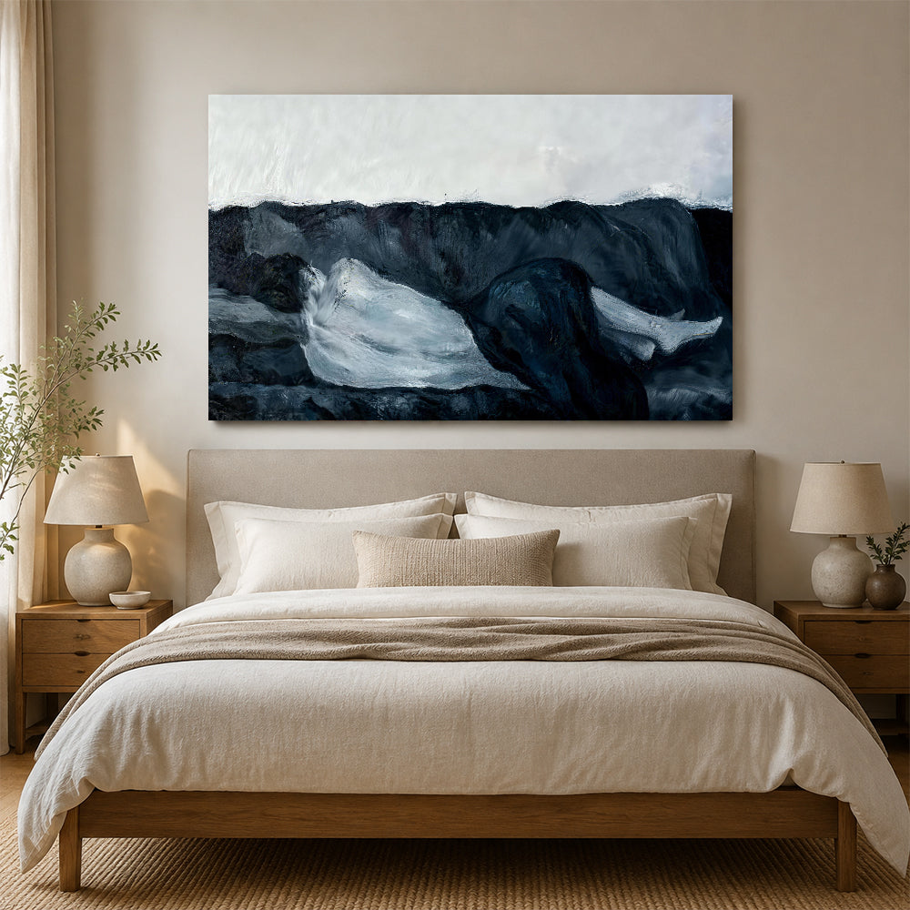 Resting Black and White Dog canvas wall art, styled room mockup 1.