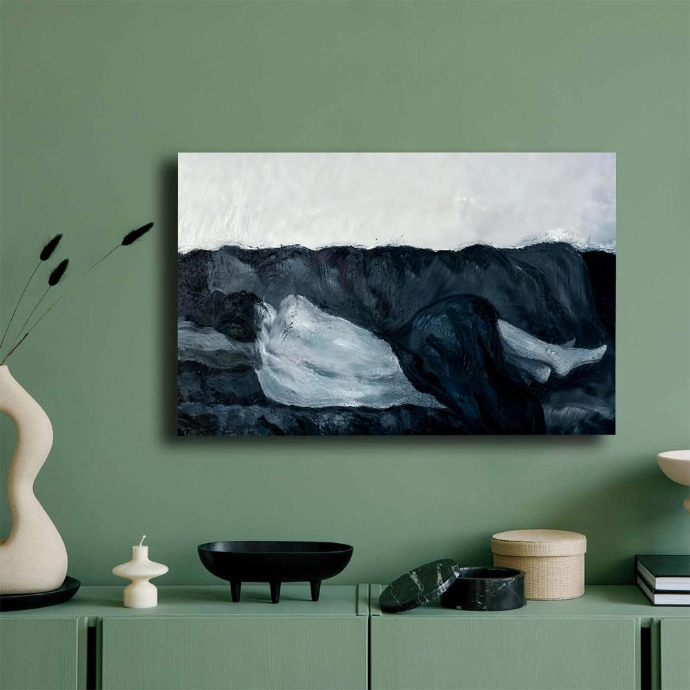 Resting Black and White Dog canvas wall art, styled room mockup 2.